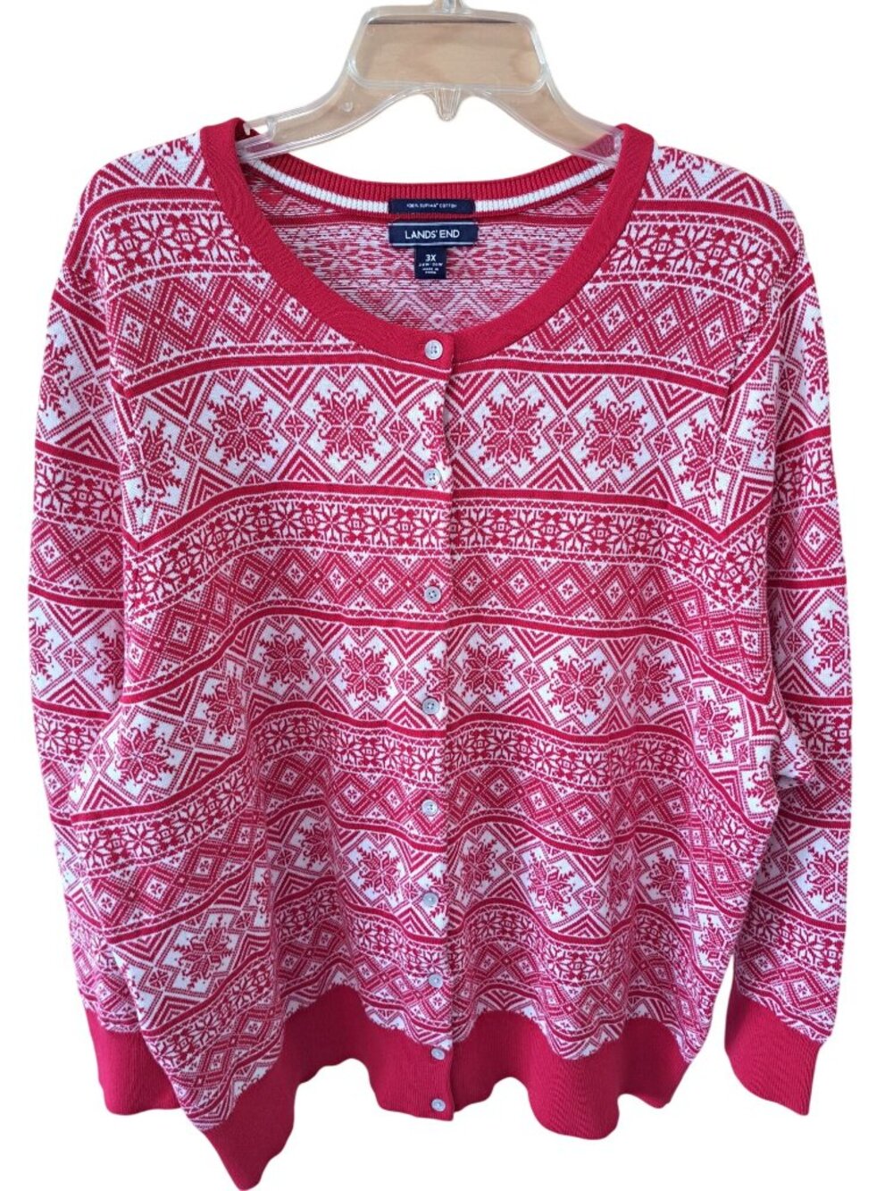 Lands End Womens 3XL Supima Cotton Red & White Snowflake Cardigan Button Sweater